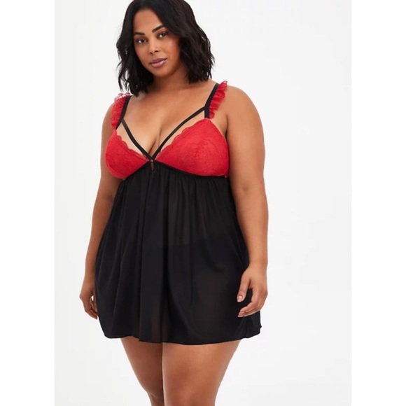 🆕 Red Black Strappy Cap Sleeve Lace Bralette Chemise Lingerie 3 3X 22 24 Torrid - Picture 2 of 5